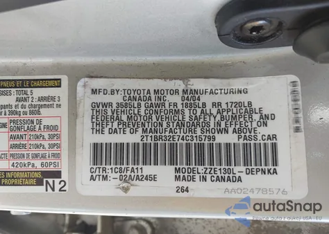 2004 Toyota Corolla Le z USA, uszkodzony, nr VIN 2T1BR32E74C315799